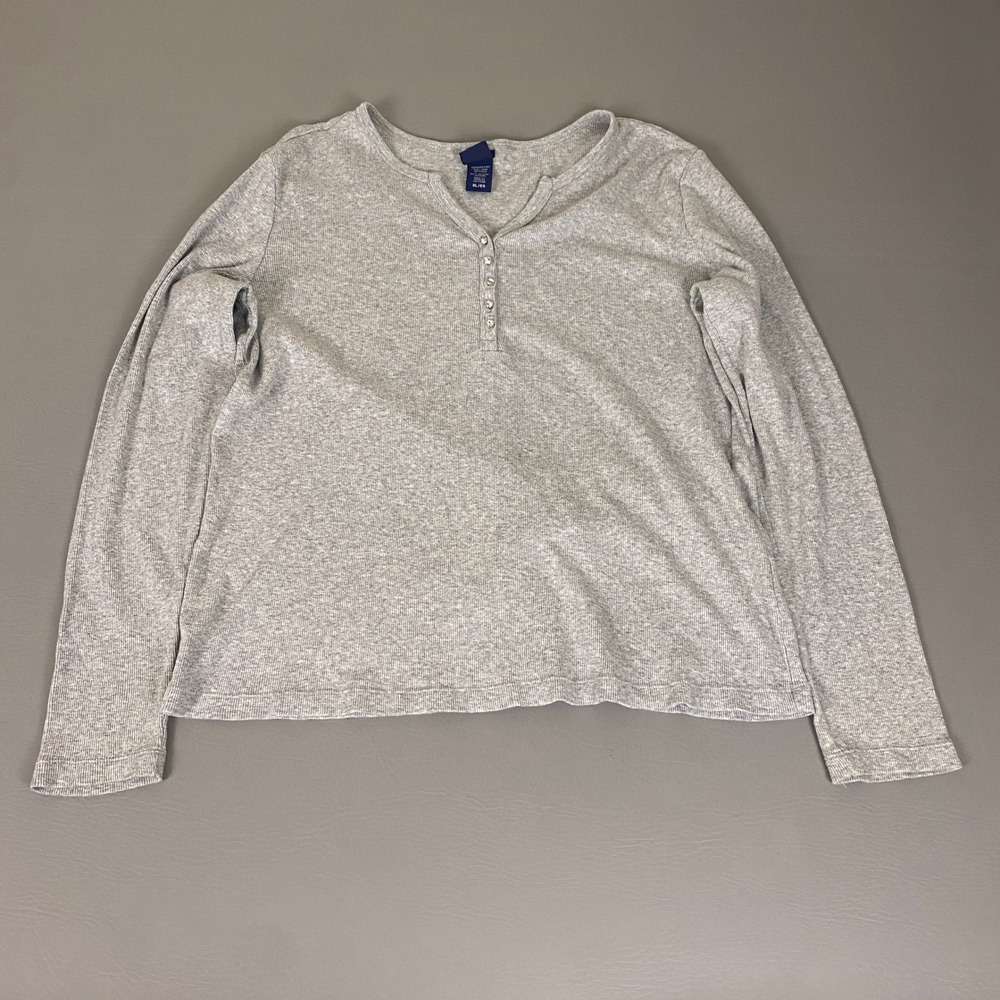 Basic Editions Henley Shirt XL Gray Ribbed Long Sleeve Crystal Buttons Cotton